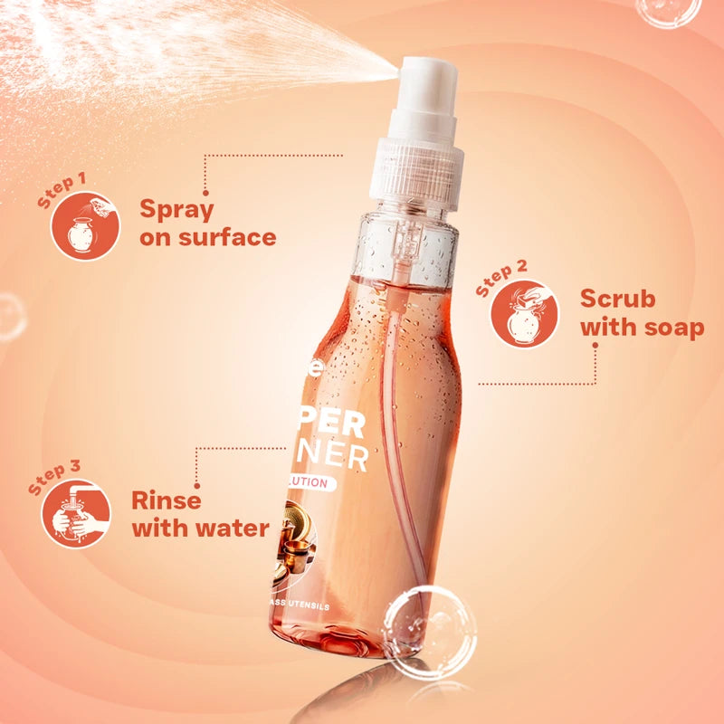 Pollie Copper Cleaner usage steps for copper and brass utensils – spray, scrub, and rinse.