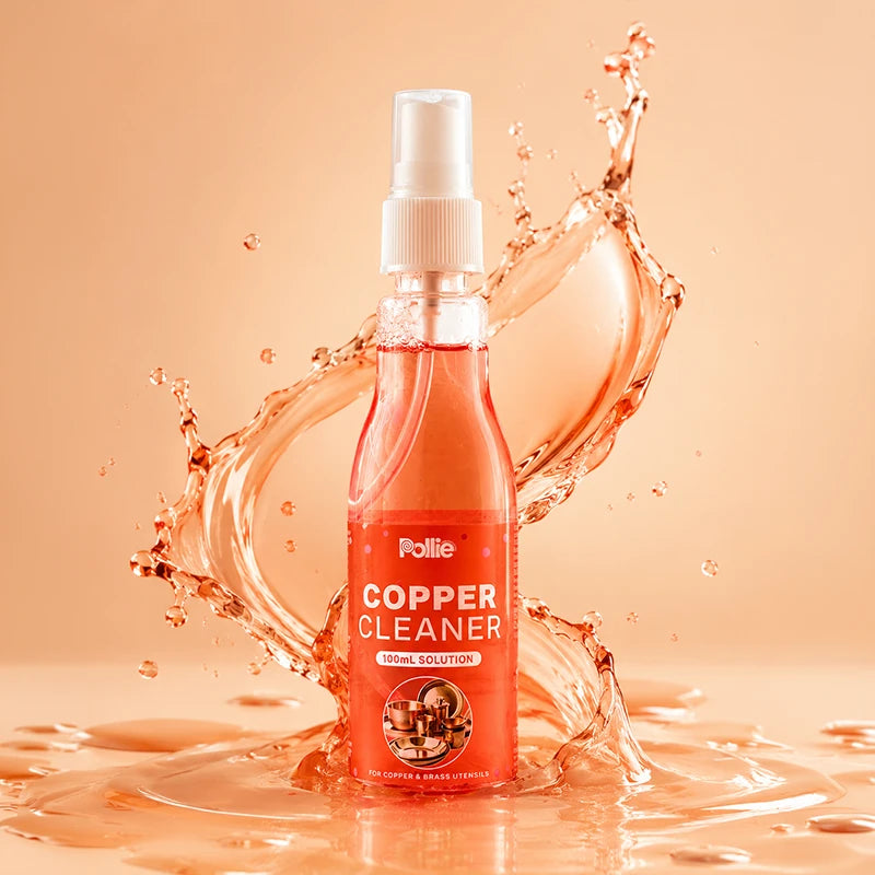 Pollie Copper Cleaner spray for copper and brass utensils, removes tarnish and helps restore natural shine.
