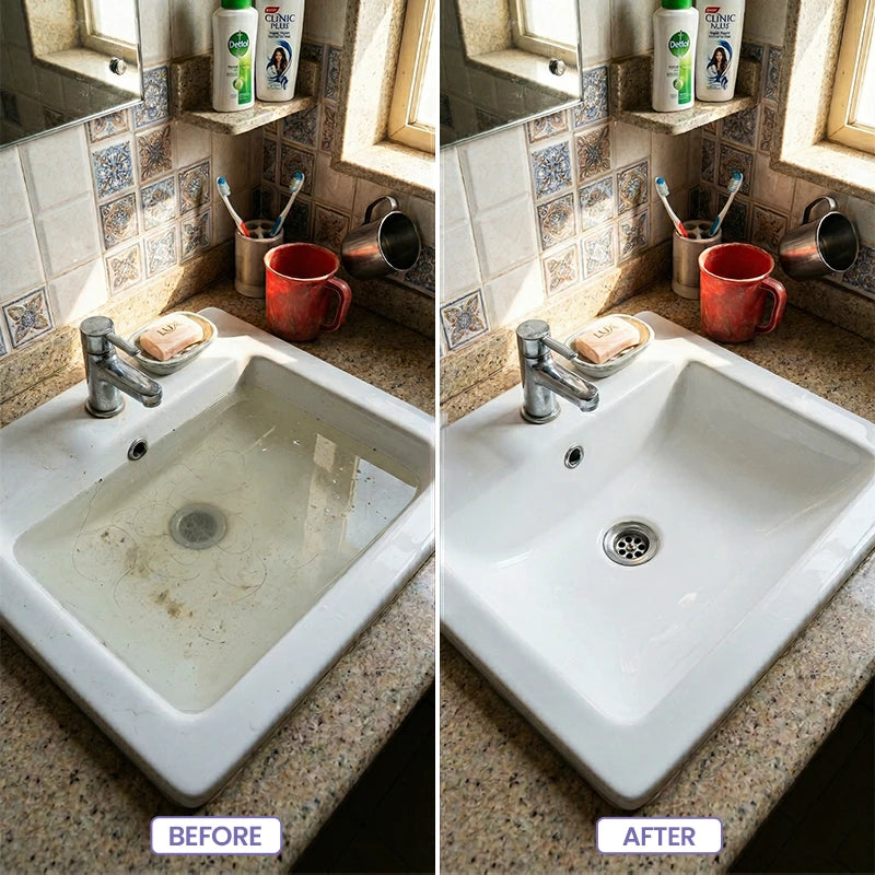 Pollie Drain Cleaner unclogs kitchen sink and removes grease buildup and food waste – before and after drain cleaning transformation.
