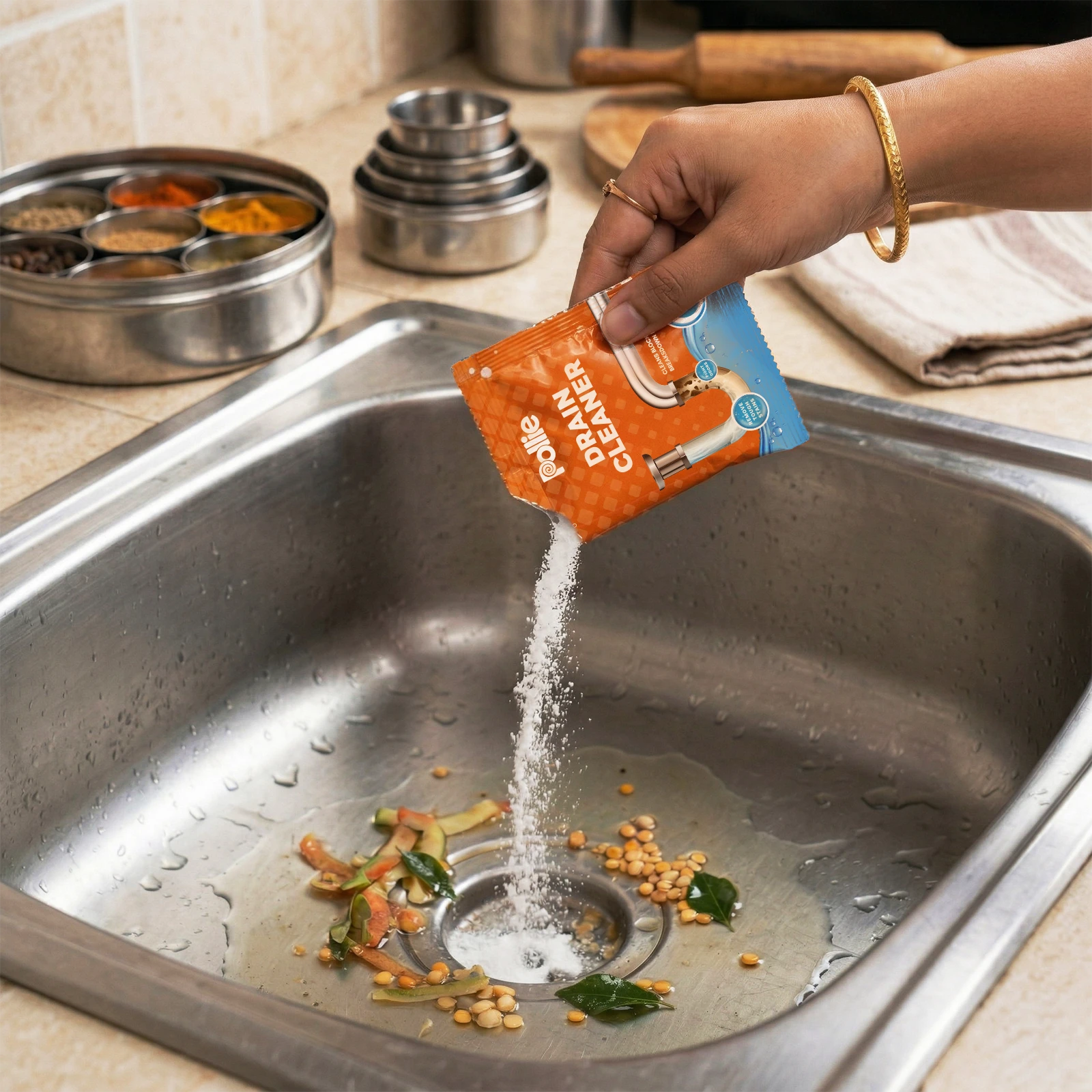 Pollie Drain Cleaner unclogs kitchen sink and removes grease buildup and food waste – before and after drain cleaning transformation.