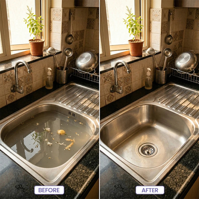 Pollie Drain Cleaner unclogs kitchen sink and removes grease buildup and food waste – before and after drain cleaning transformation.