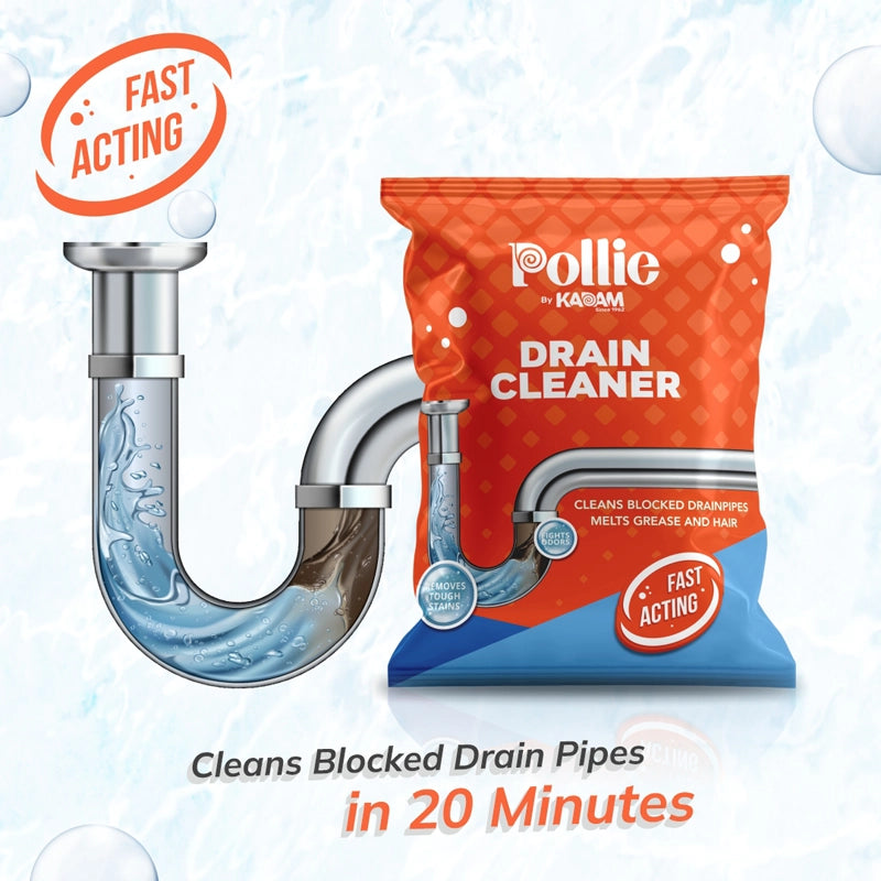 Pollie Drain Cleaner sachet with pipe illustration showing grease and hair removal. Fast-acting formula cleans blocked drains in 20 minutes without damaging pipes; eco-friendly, non-toxic, and effective on tough stains.