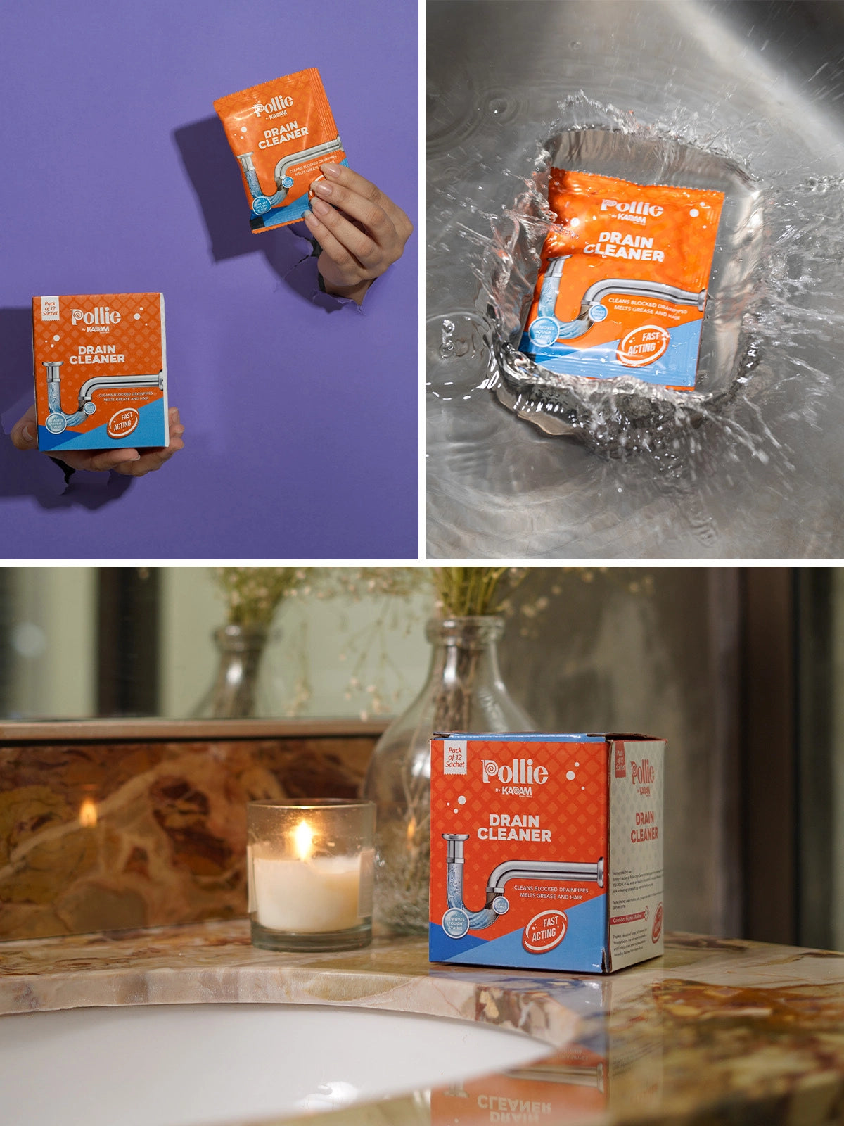 Lifestyle collage featuring Pollie Drain Cleaner sachets and box — product held in hand, splashing in water, and placed on a bathroom counter. Highlights its eco-safe, fast-acting formula for clogged drains and odor removal.