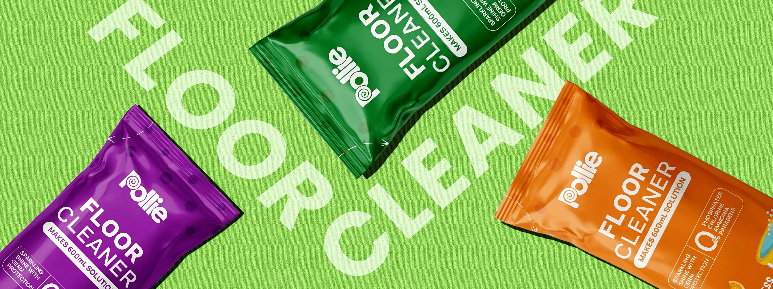 Pollie Floor Cleaner sachets in Tea Tree, Orange, and Lavender variants on bright color backgrounds, showing refill usage into bottles. Eco-friendly sachet refills made with natural ingredients for clean, fragrant, germ-free floors.