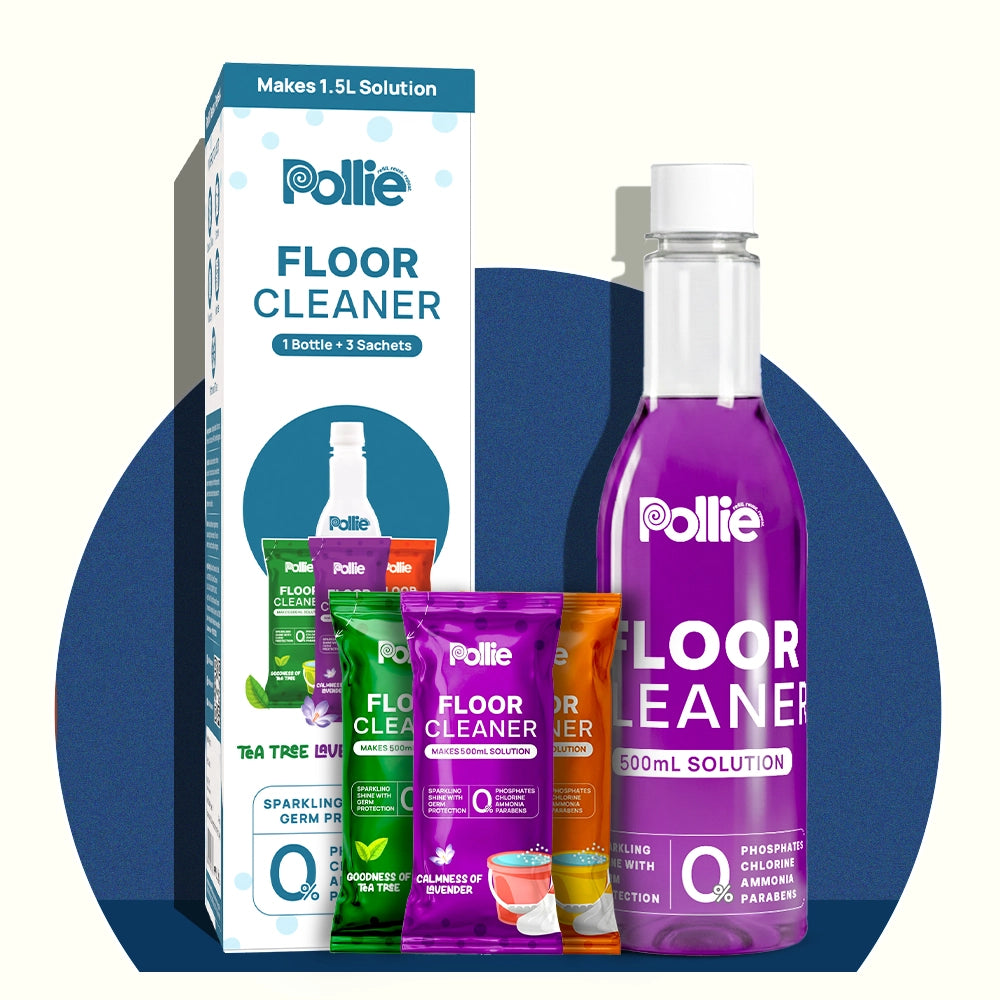 Pollie Floor Cleaner set with orange, lavender, and tea tree sachets — naturally derived formula for germ-free, fragrant floor cleaning.