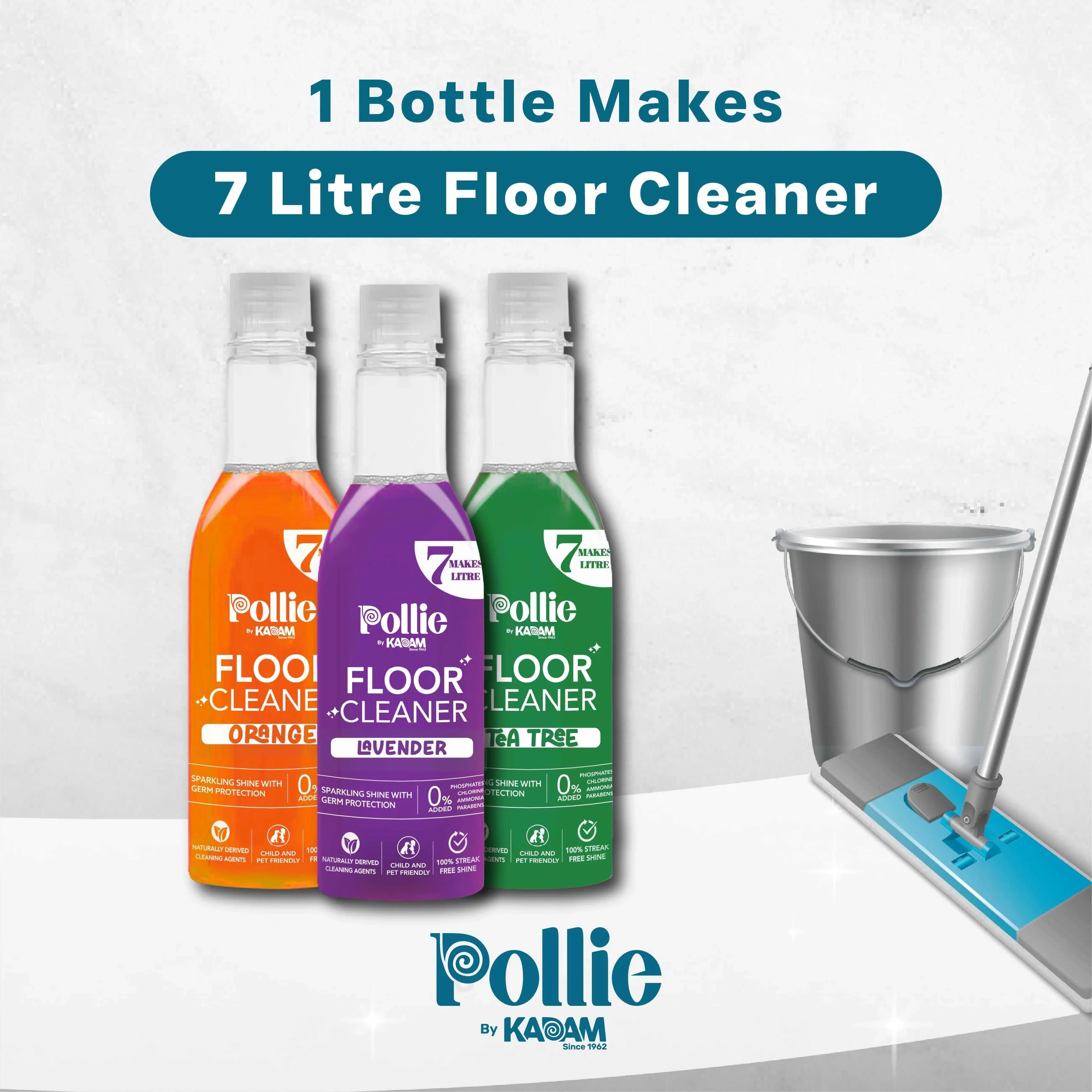 Pollie by Kadam floor cleaner in orange, lavender, and tea tree variants with claim '1 Bottle Makes 7 Litre Floor Cleaner', shown with mop and bucket for easy home cleaning