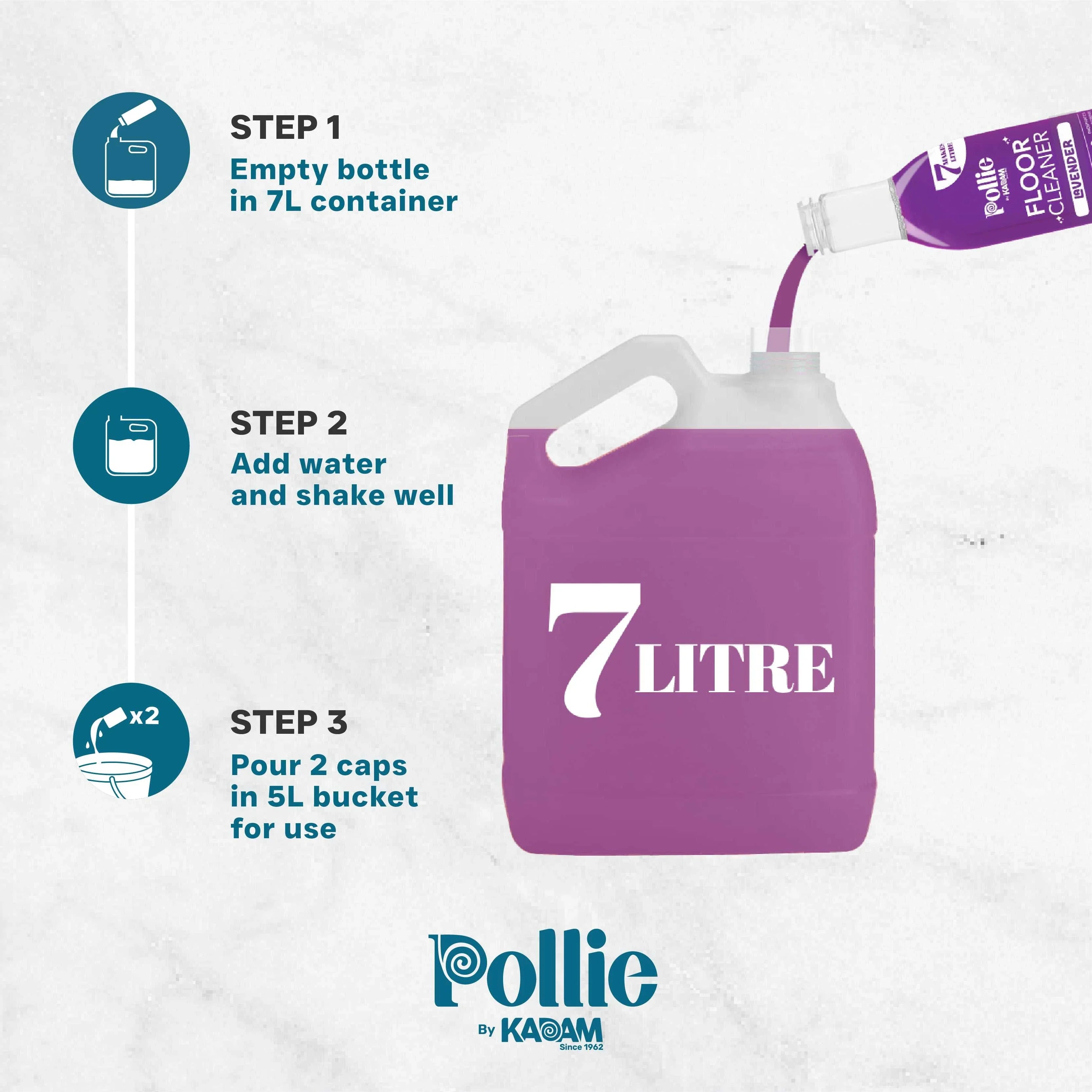 Pollie by Kadam lavender floor cleaner usage instructions showing how to dilute one bottle into 7 litres, with step-by-step guide: empty bottle, add water and shake, pour 2 caps in 5L bucket