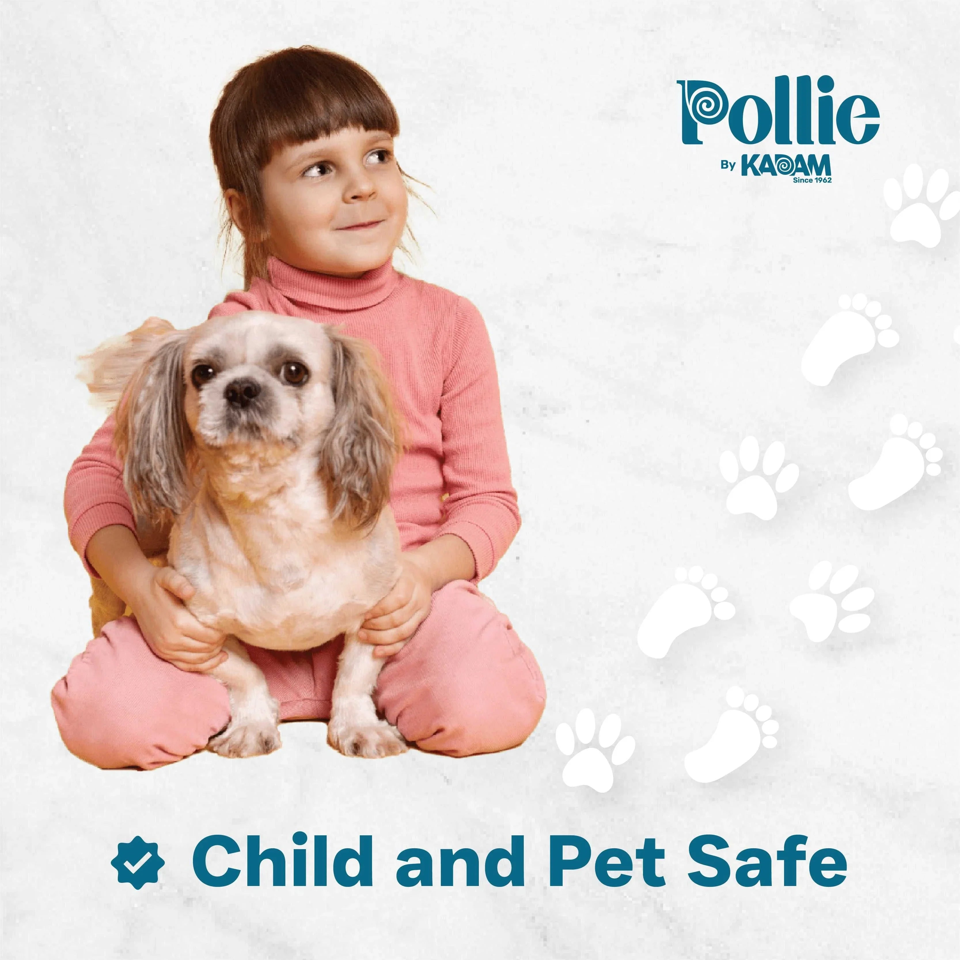 Pollie by Kadam promotional image showing a young girl in pink holding a small dog, with text 'Child and Pet Safe' and paw print graphics