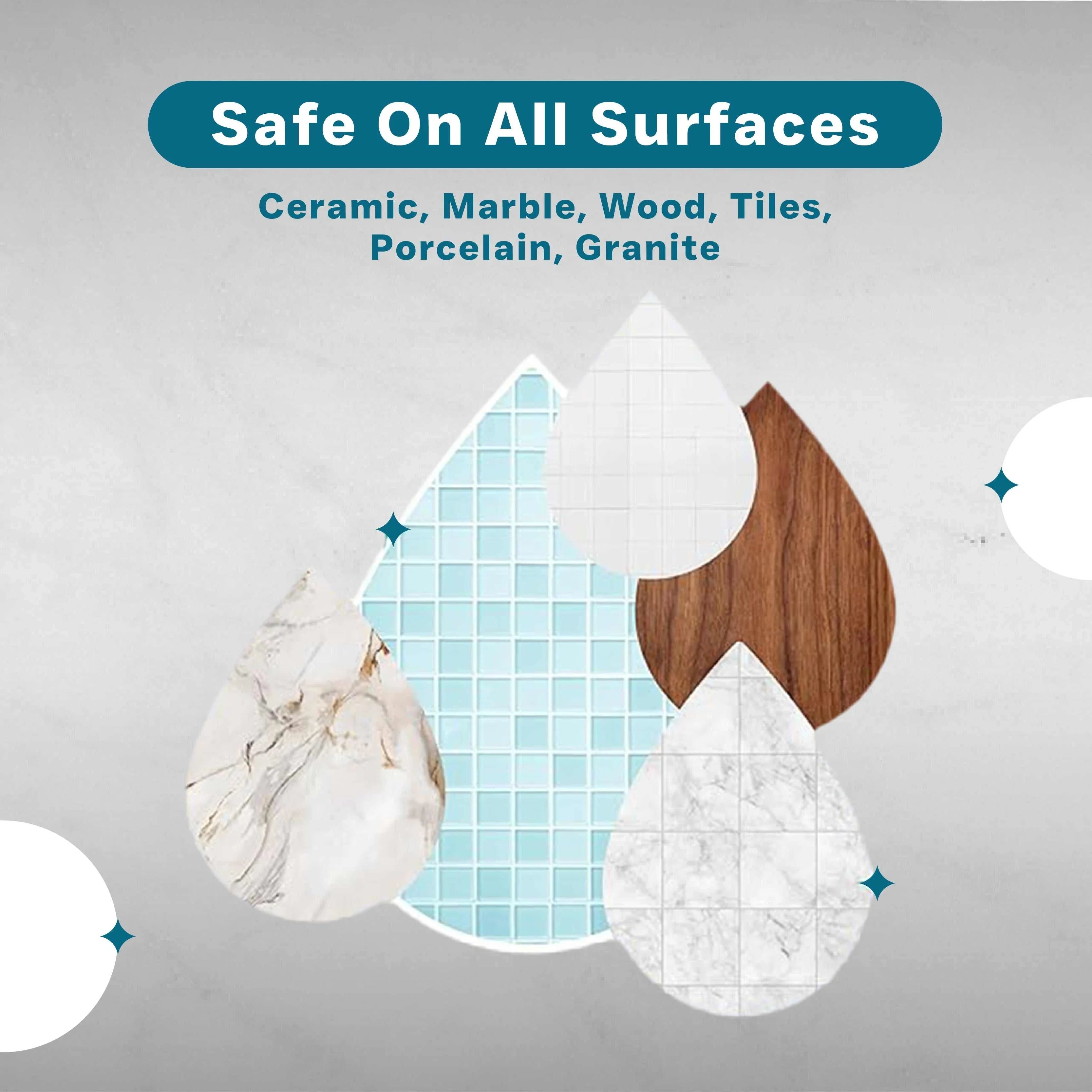 Cleaning product safe for ceramic, marble, wood, tiles, porcelain, and granite surfaces.
