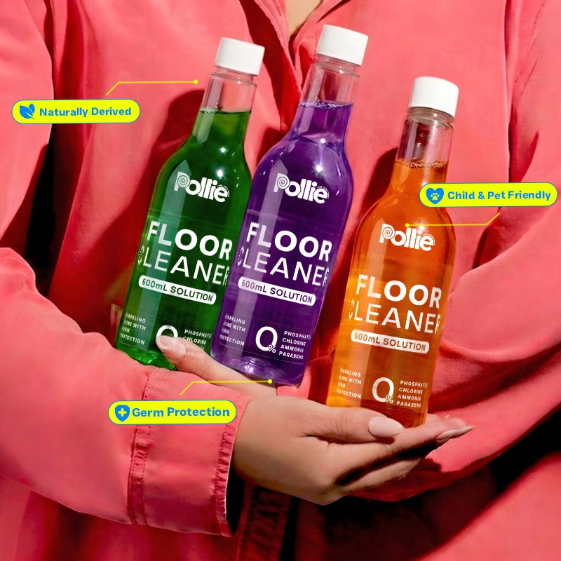 Pollie Floor Cleaner benefits — naturally derived cleaning agents, removes 99.9% germs, child and pet safe, and offers 100% streak-free shine. Promotes eco-friendly, family-safe cleaning products.