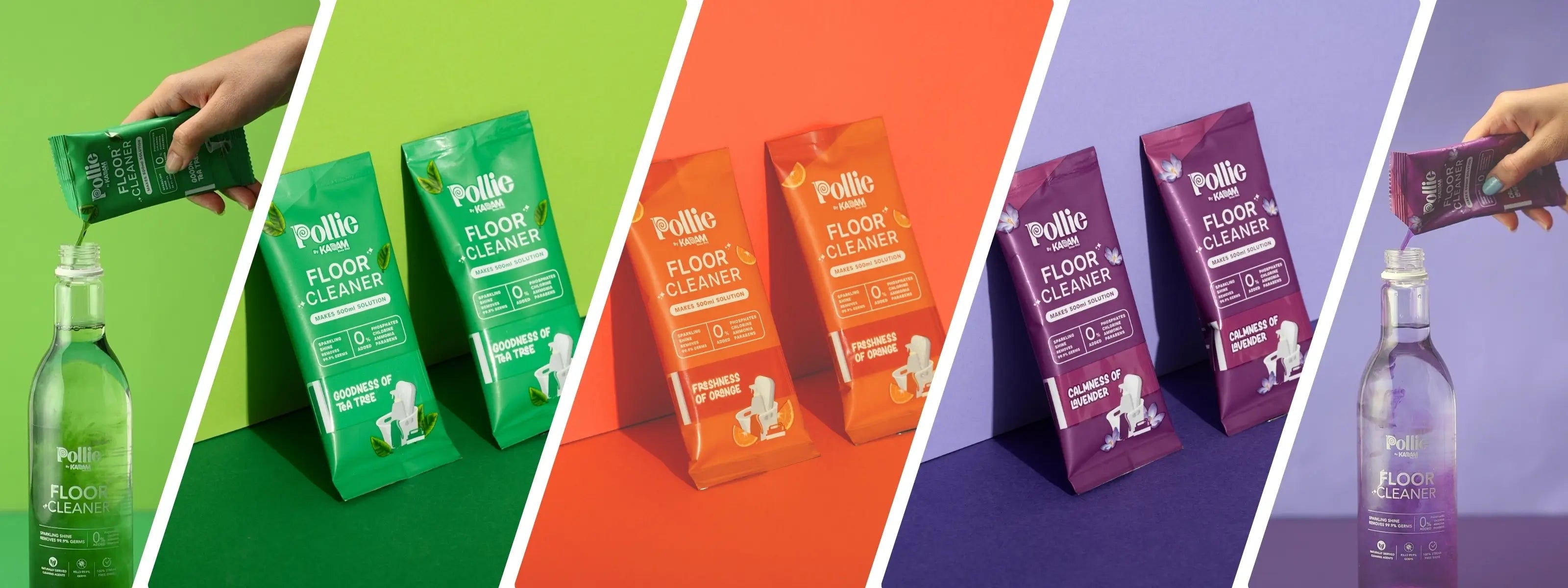Pollie Floor Cleaner sachets in Tea Tree, Orange, and Lavender variants on bright color backgrounds, showing refill usage into bottles. Eco-friendly sachet refills made with natural ingredients for clean, fragrant, germ-free floors.