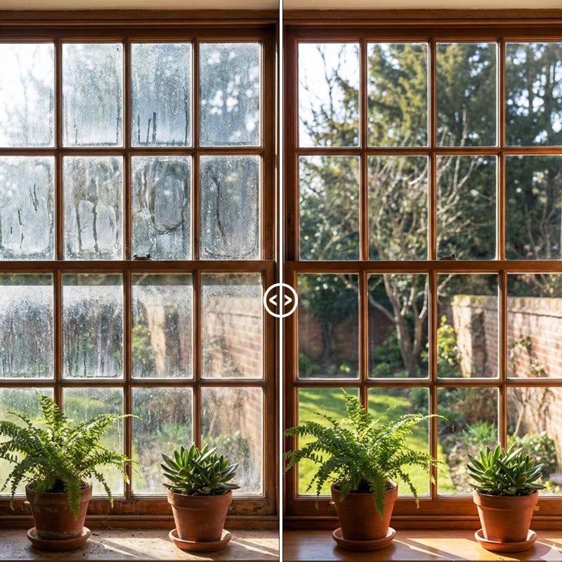 Before and after window glass cleaning showing dirty, streaked panes restored to crystal-clear shine with Pollie Glass Cleaner.