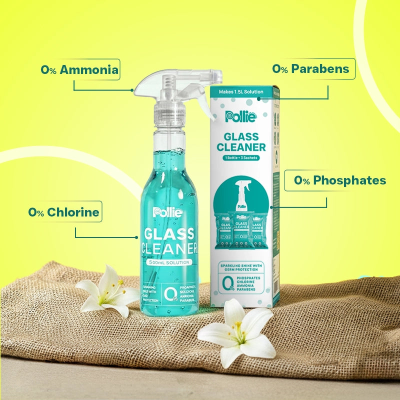 Pollie Glass Cleaner spray bottle with refill box highlighting 0% ammonia, chlorine, parabens and phosphates for safe, streak-free cleaning.
