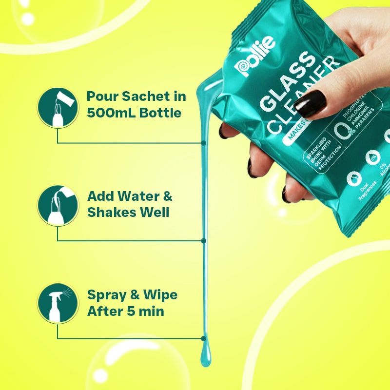 How to use Pollie Glass Cleaner refill sachet – pour into 500ml bottle, add water, shake well, spray and wipe for streak-free shine.