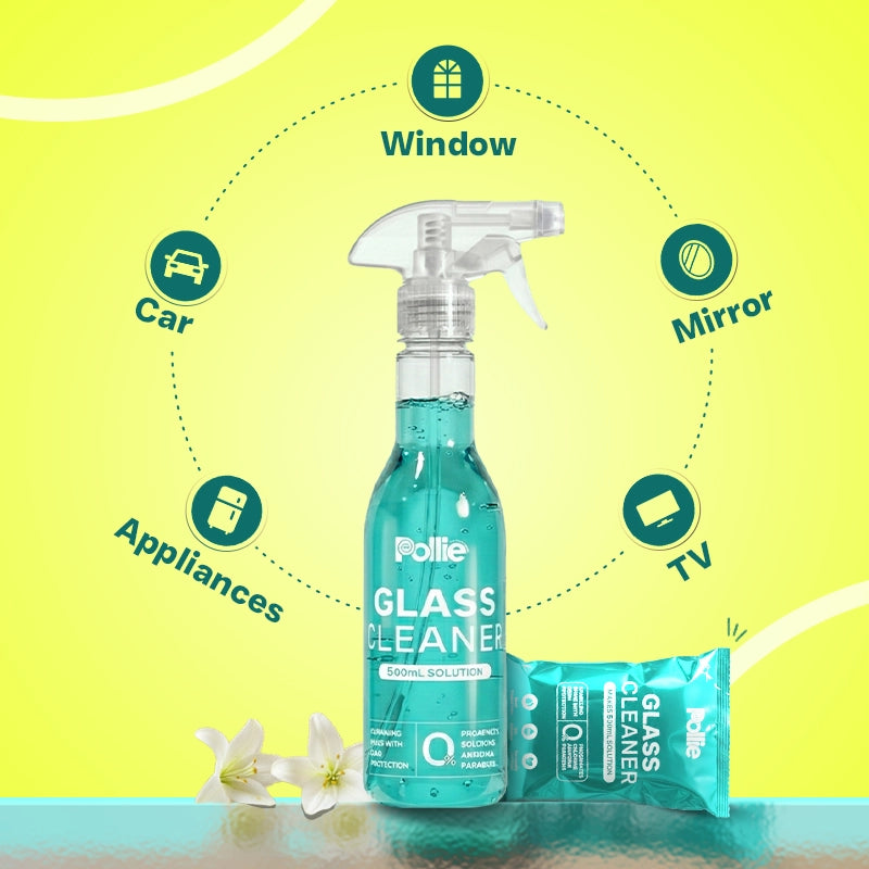 Pollie Glass Cleaner spray bottle with refill sachet suitable for windows, mirrors, car glass, appliances and TV screens for streak-free shine.