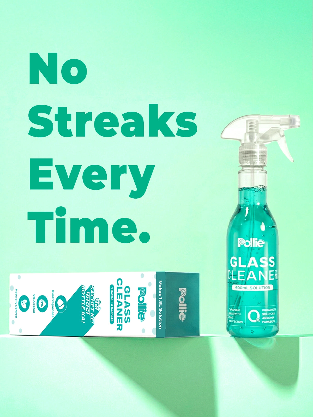 Pollie Glass Cleaner spray bottle and refill box delivering streak-free, alcohol-free shine for windows, mirrors, and glass surfaces