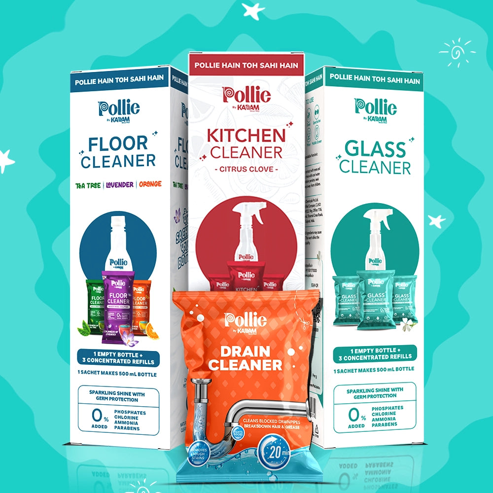 Pollie by Kadam full product range — Floor Cleaner, Kitchen Cleaner, Glass Cleaner, and Drain Cleaner sachets with eco-friendly refills.