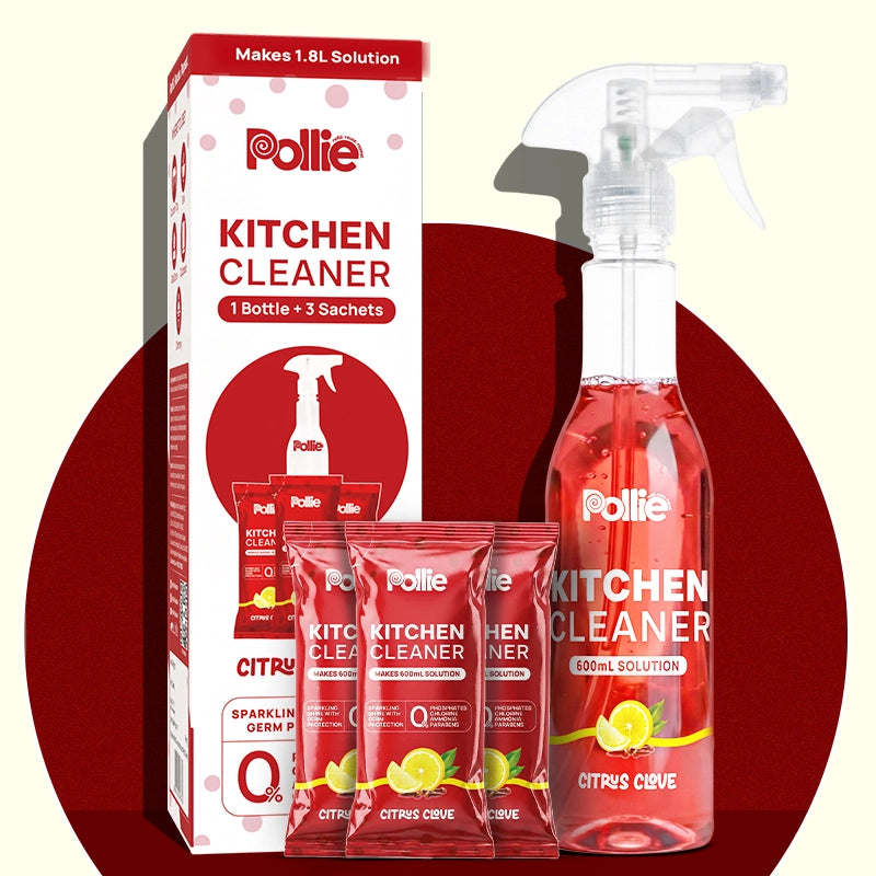 Pollie Kitchen Cleaner Citrus Clove box with spray bottle and refill sachets — removes grease, kills germs, and leaves a refreshing scent.