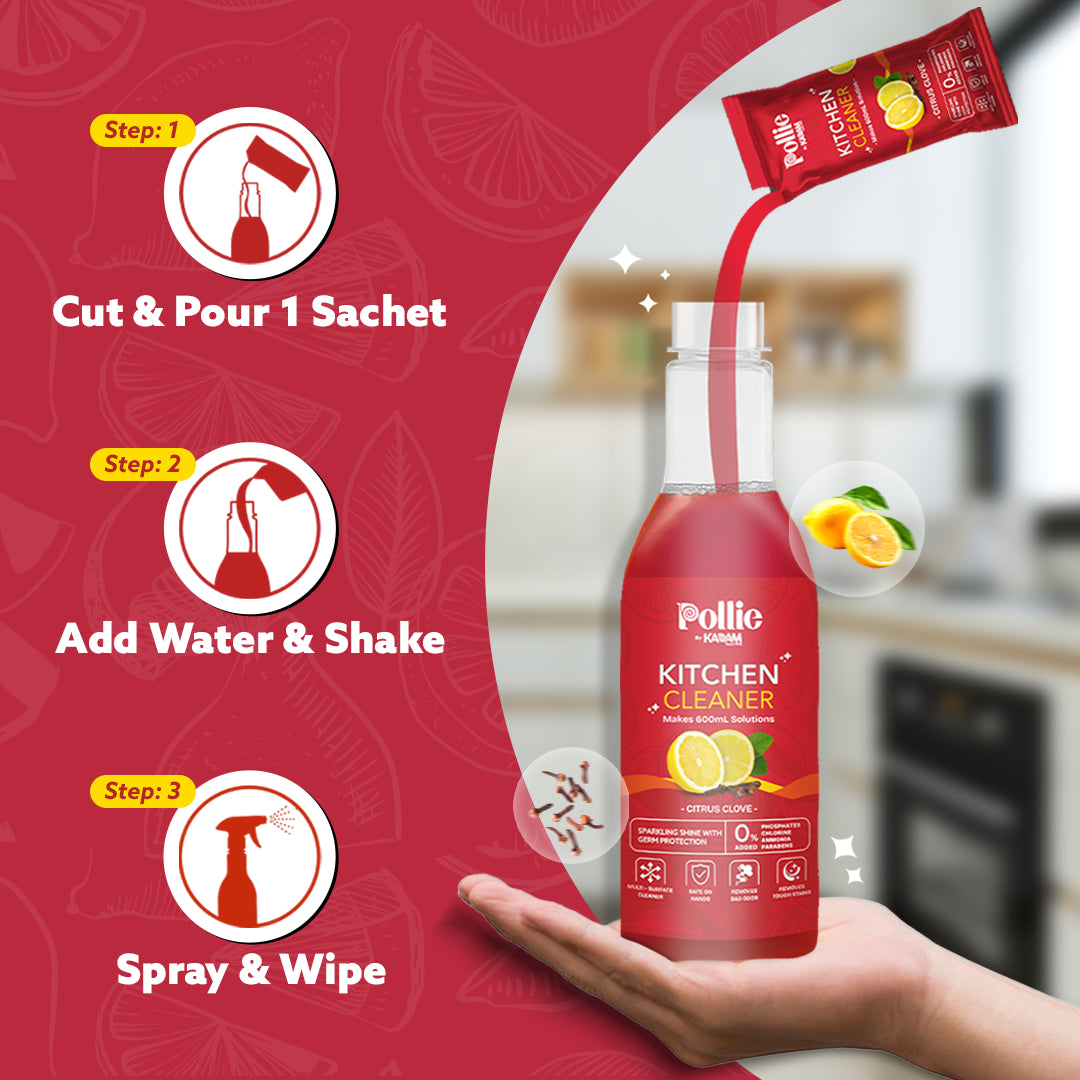 Three-step usage of Pollie Kitchen Cleaner: cut sachet, add water, shake, then spray & wipe.