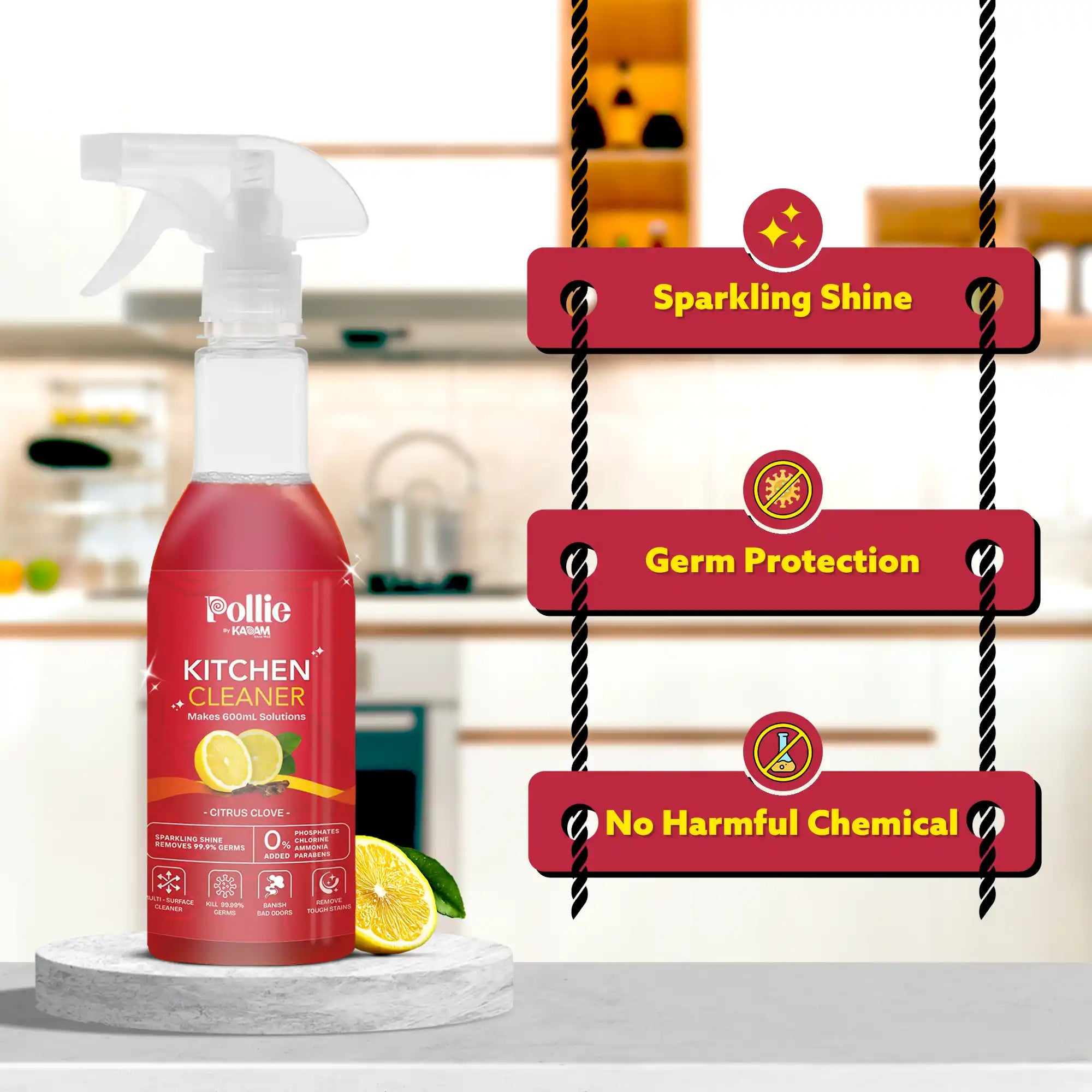 Pollie Kitchen Cleaner on counter with benefits: sparkling shine, germ protection, no chemicals.