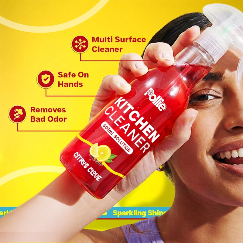 Pollie Kitchen Cleaner bottle highlighting citrus and clove fragrance benefits in a kitchen setting.