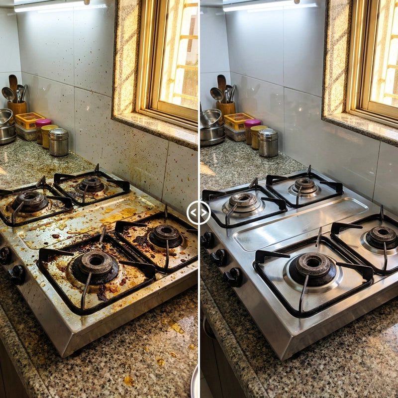 Before and after kitchen gas stove cleaning showing tough grease and oil stains removed with Pollie Kitchen Cleaner for a spotless finish.