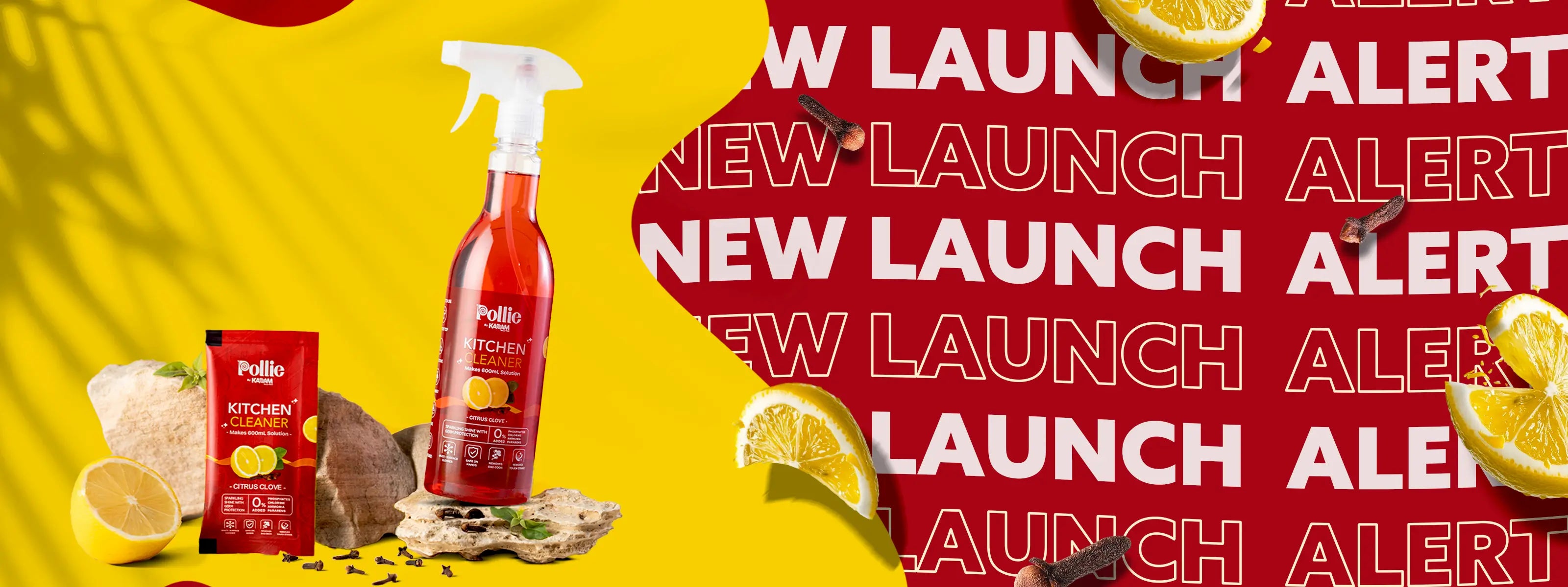 Wide banner of Pollie Kitchen Cleaner launch with lemon slices, clove, and bold red text.
