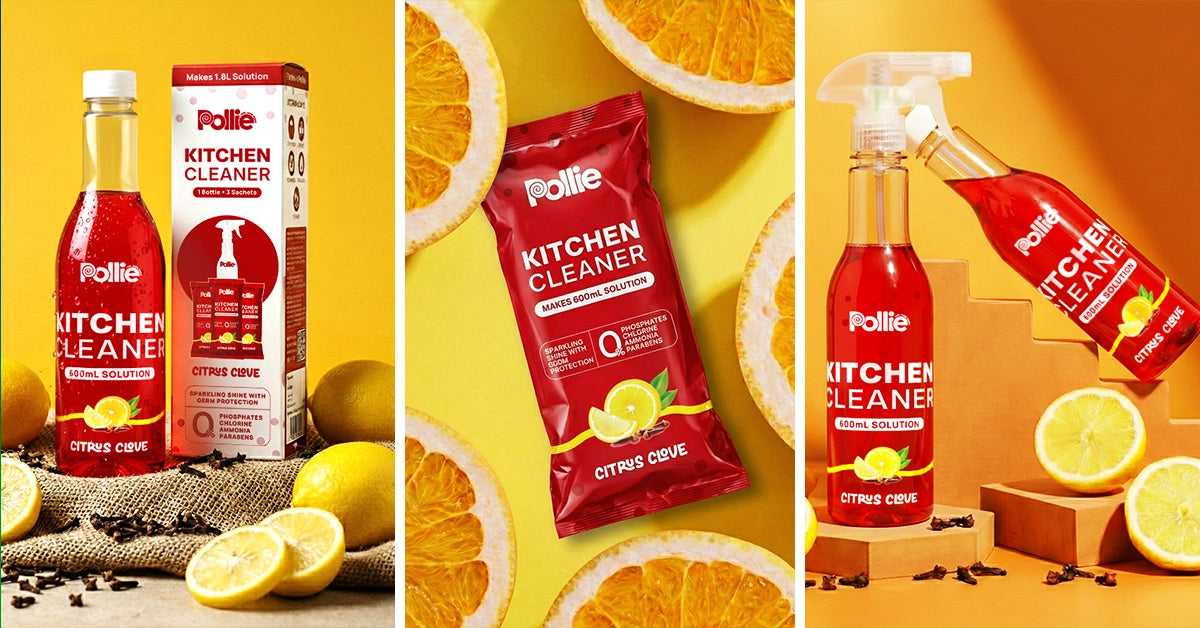 Pollie Kitchen Cleaner citrus clove – eco-friendly kitchen surface cleaner bottle, refill sachet and spray solution for grease and stain removal.