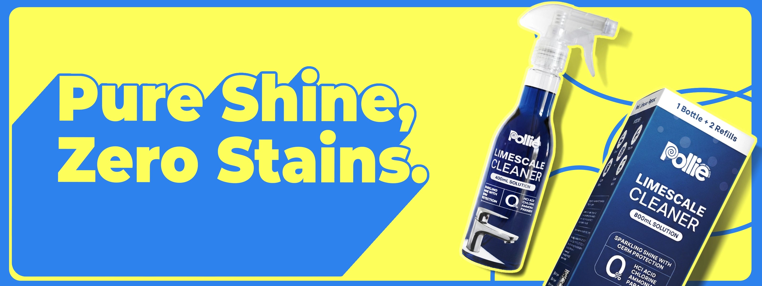Pollie Limescale Cleaner 800mL, removes hard water stains and limescale on Taps, Faucets and Copper Brass Vessels with safe HCl acid-free formula.