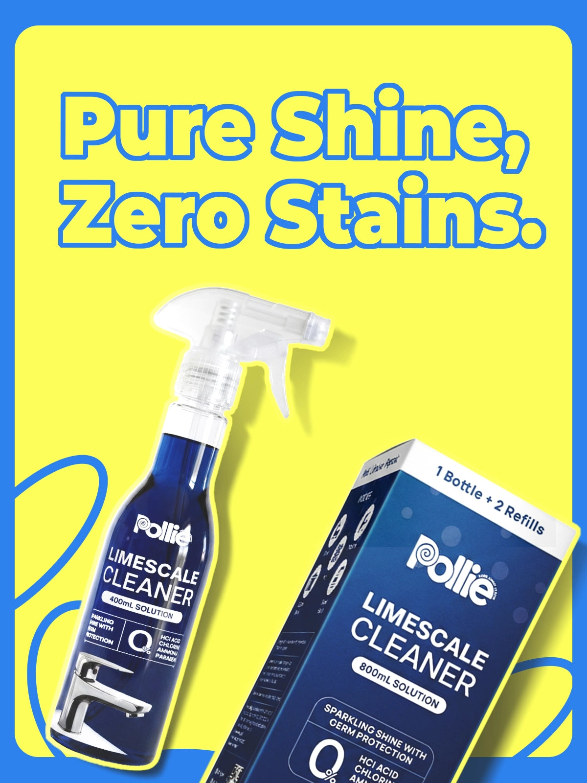 Pollie Limescale Cleaner 800mL, removes hard water stains and limescale on Taps, Faucets and Copper Brass Vessels with safe HCl acid-free formula.