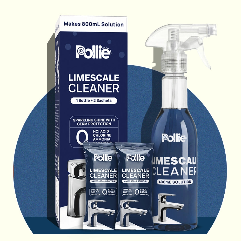 Pollie Limescale Cleaner 800mL, removes hard water stains and limescale on Taps, Faucets and Copper Brass Vessels with safe HCl acid-free formula.