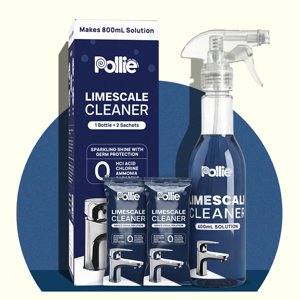 Pollie Limescale Cleaner 800mL, removes hard water stains and limescale on Taps, Faucets and Copper Brass Vessels with safe HCl acid-free formula.