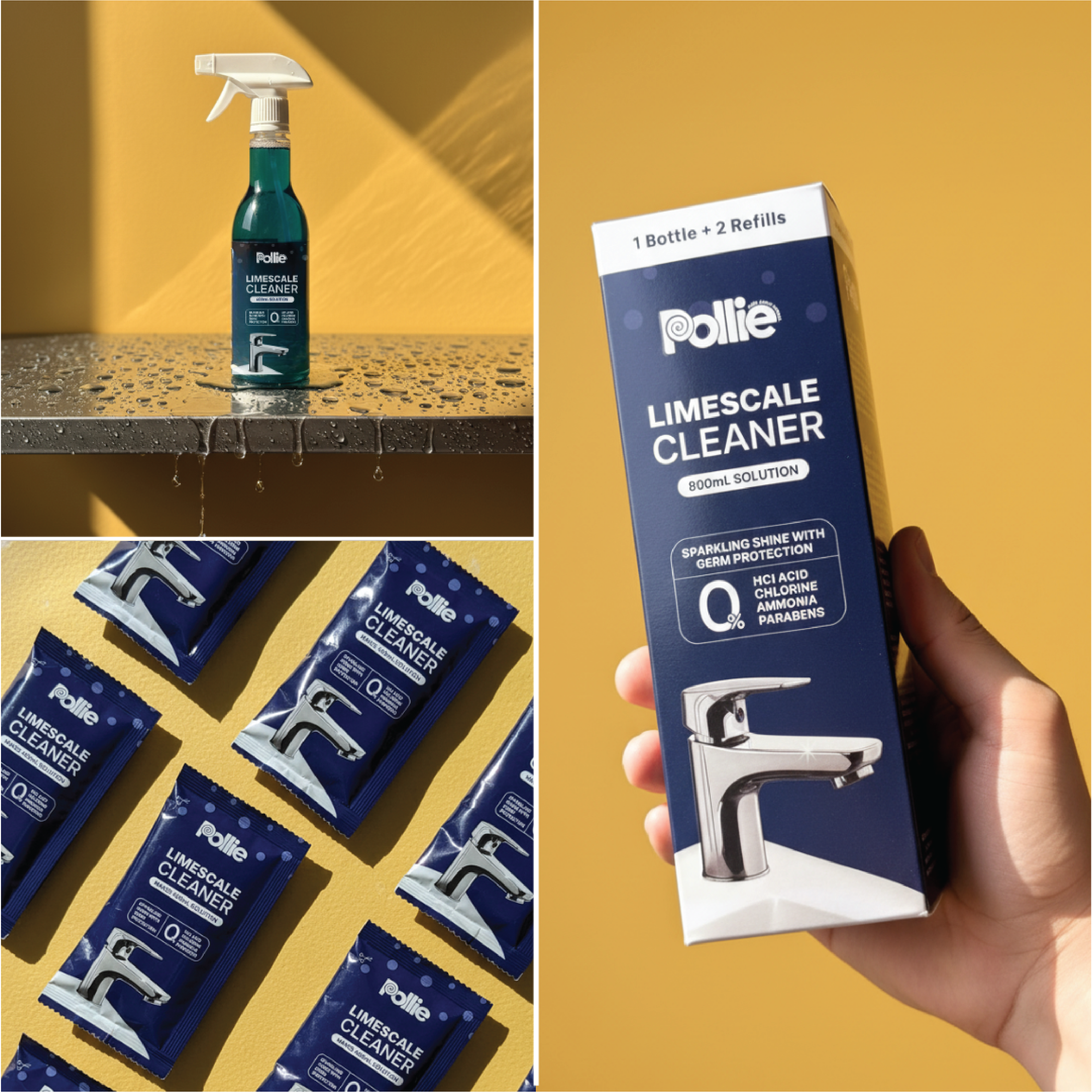 Pollie Limescale Cleaner 800mL, removes hard water stains and limescale on Taps, Faucets and Copper Brass Vessels with safe HCl acid-free formula.