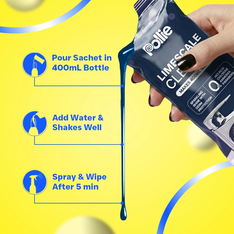 Pollie Limescale Cleaner 800mL, removes hard water stains and limescale on Taps, Faucets and Copper Brass Vessels with safe HCl acid-free formula.