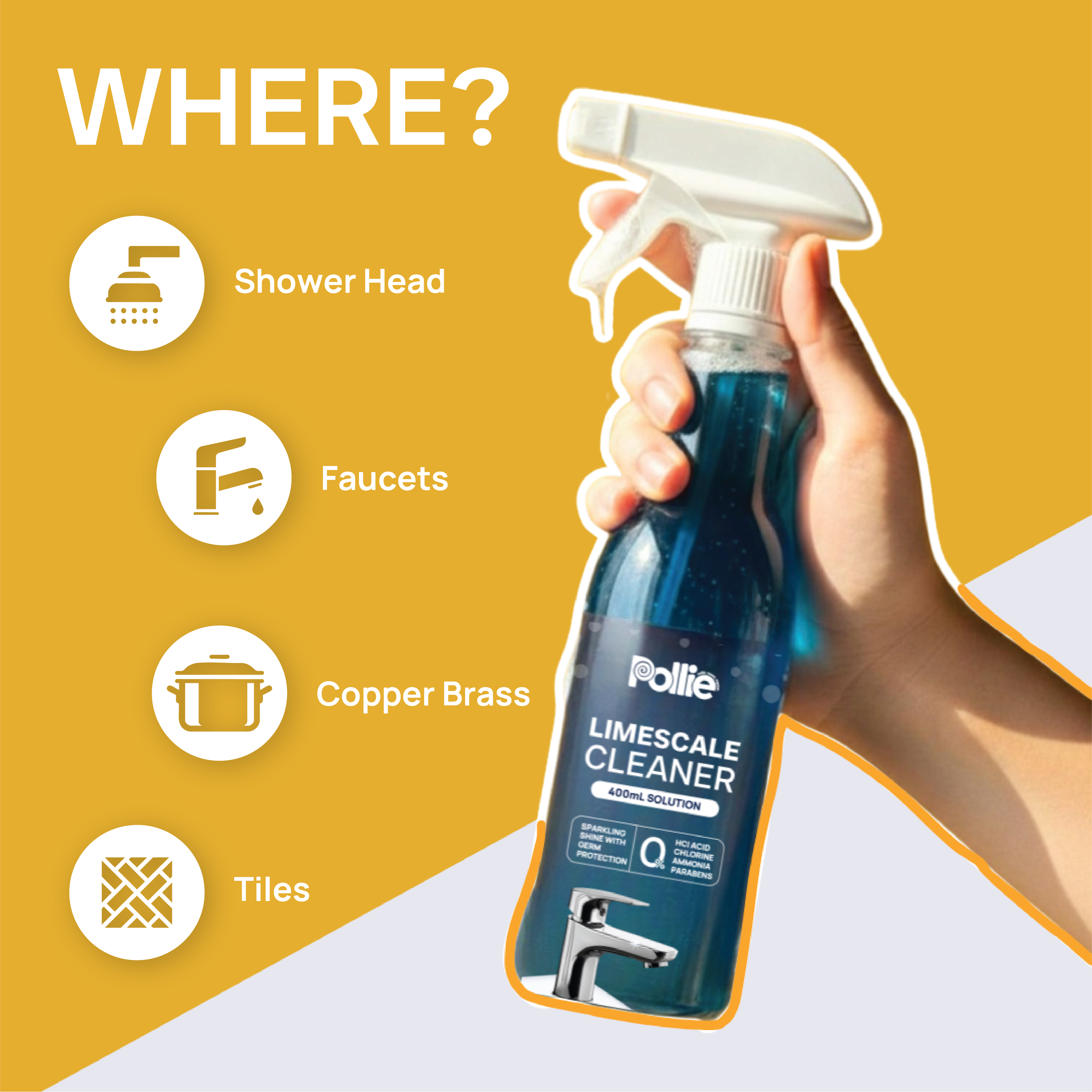 Pollie Limescale Cleaner 800mL, removes hard water stains and limescale on Taps, Faucets and Copper Brass Vessels with safe HCl acid-free formula.