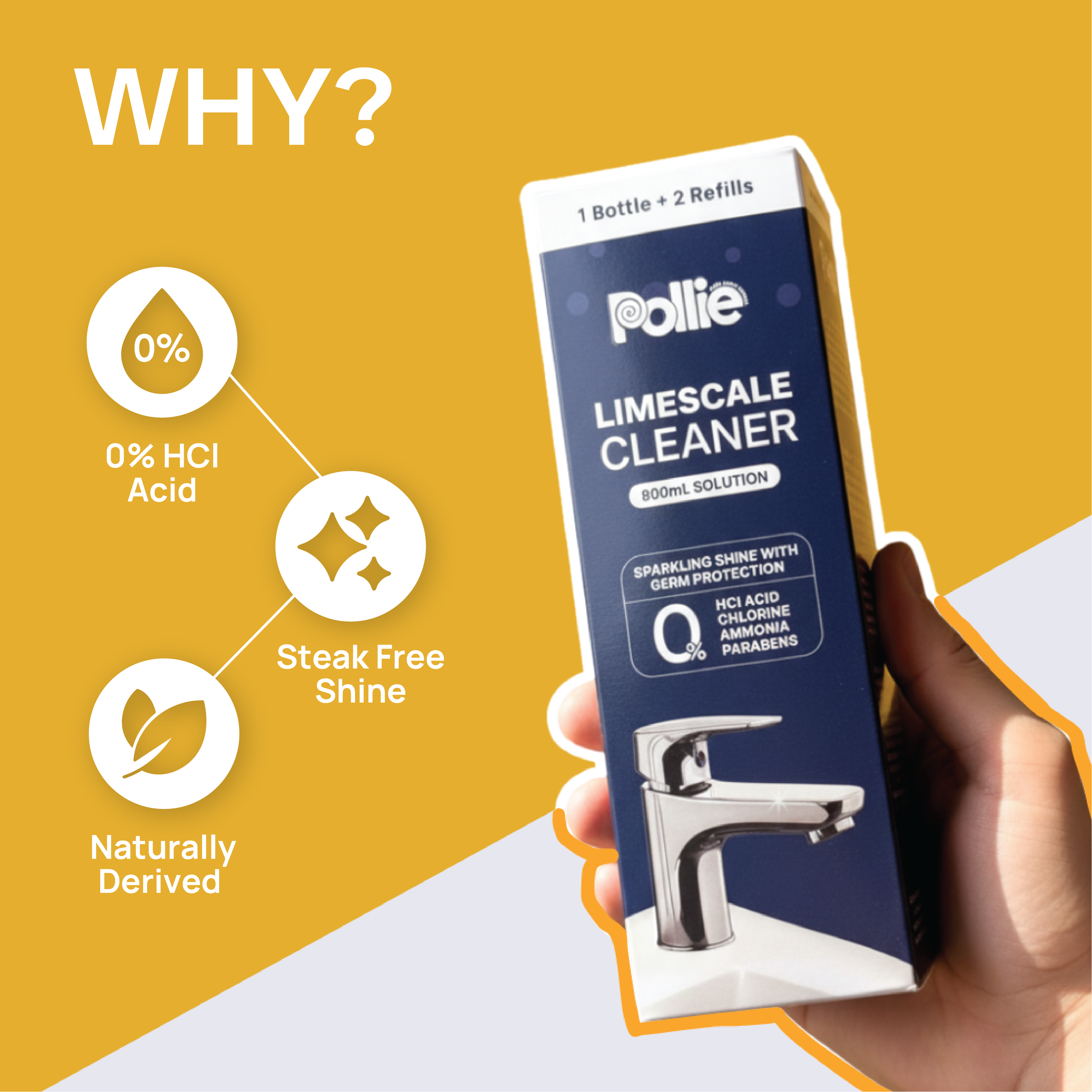 Pollie Limescale Cleaner 800mL, removes hard water stains and limescale on Taps, Faucets and Copper Brass Vessels with safe HCl acid-free formula.