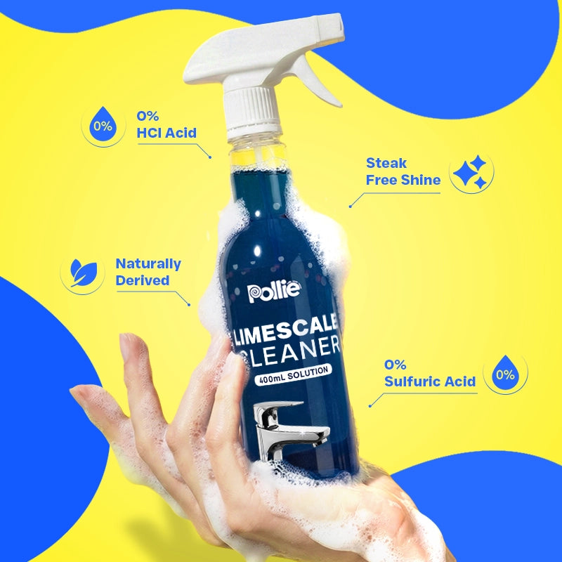 Pollie Limescale Cleaner 800mL, removes hard water stains and limescale on Taps, Faucets and Copper Brass Vessels with safe HCl acid-free formula.