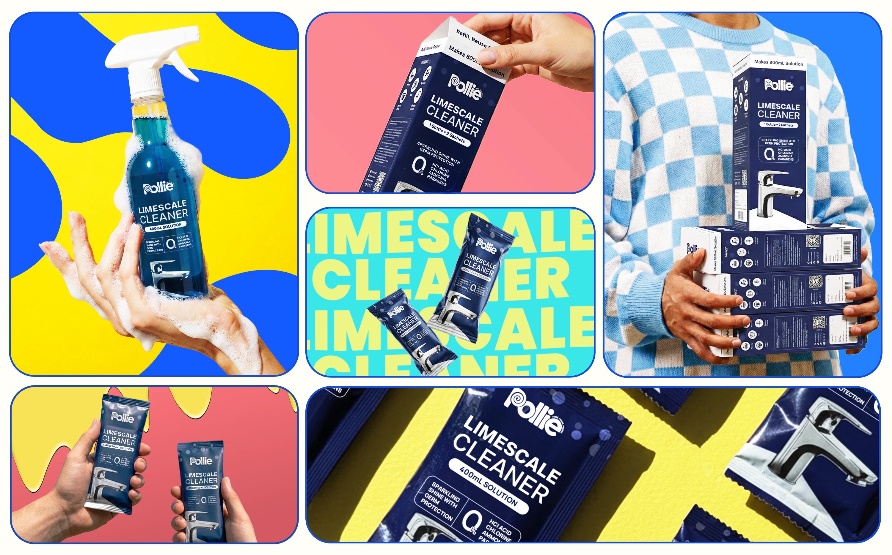 Pollie Limescale Cleaner 800mL, removes hard water stains and limescale on Taps, Faucets and Copper Brass Vessels with safe HCl acid-free formula.