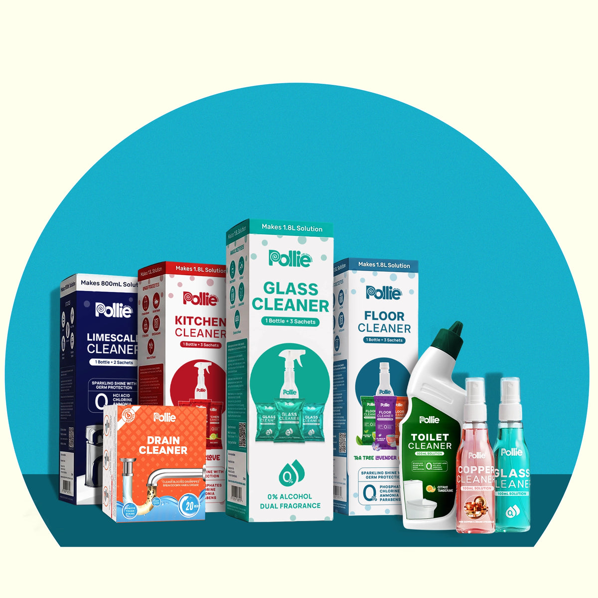 Pollie cleaning products for home care, including kitchen, floor, glass, drain, limescale and copper cleaners with refill sachets.
