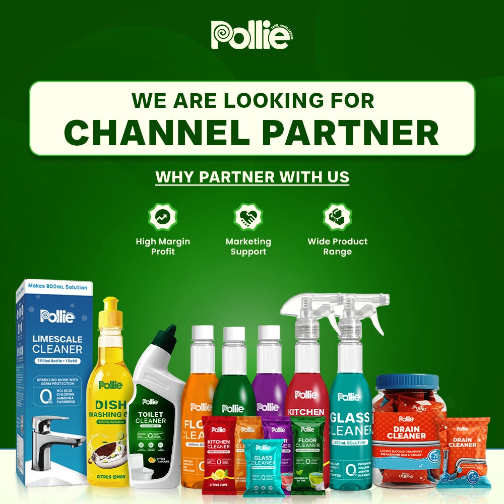 “Pollie household cleaning products range – dishwashing gel, toilet cleaner, floor cleaner, kitchen cleaner, glass cleaner and drain cleaner distributor opportunity.”