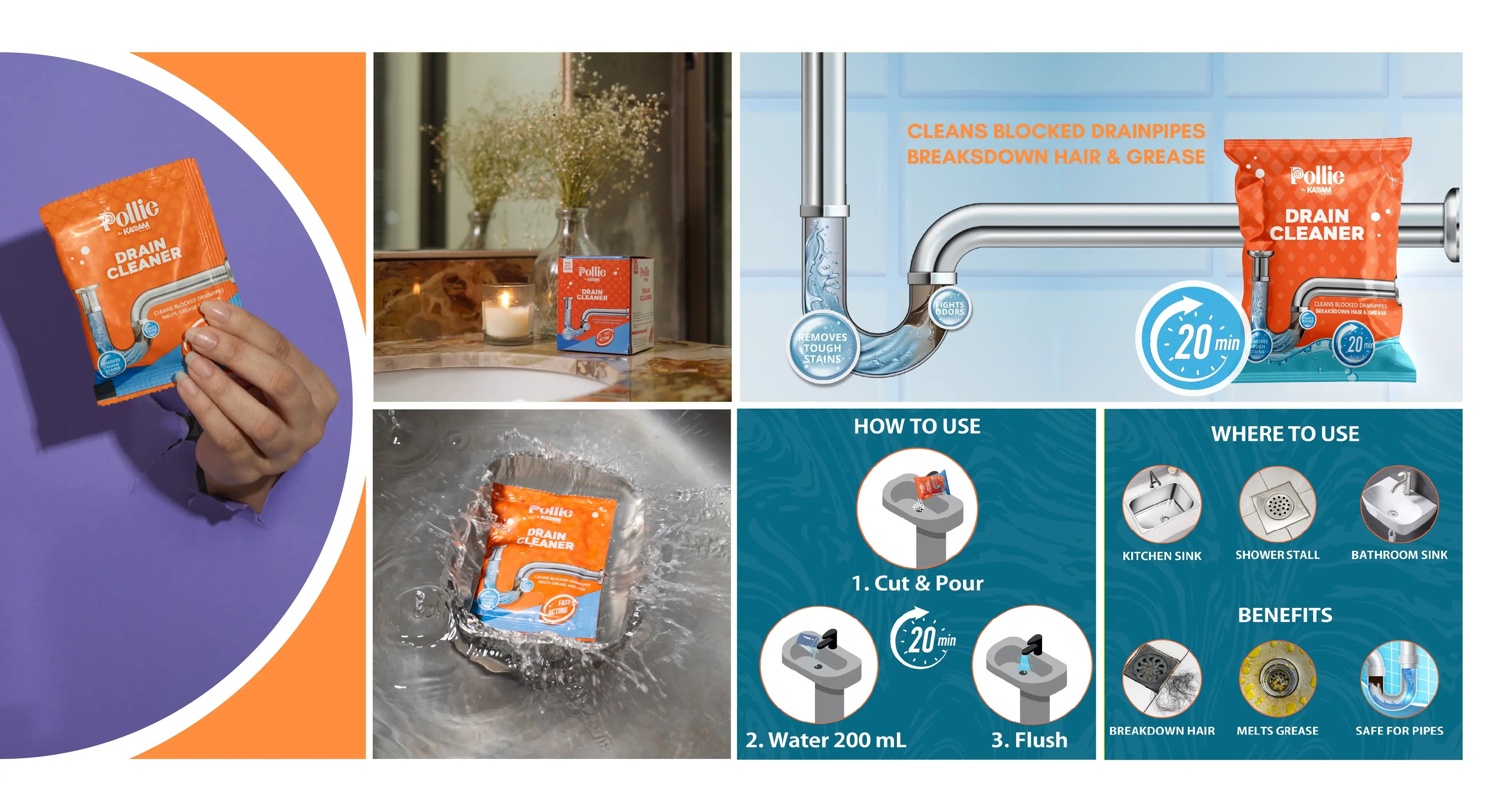 Pollie drain cleaner step-by-step guide with usage, benefits, and product shots.