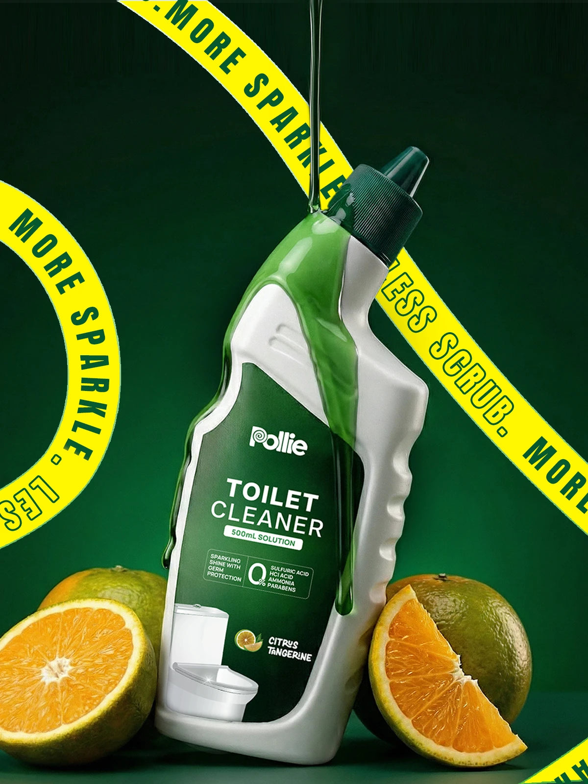 Pollie Toilet Cleaner 500ml bottle with citrus tangerine fragrance, organic acid-based toilet cleaning solution safe on tiles and ceramic surfaces