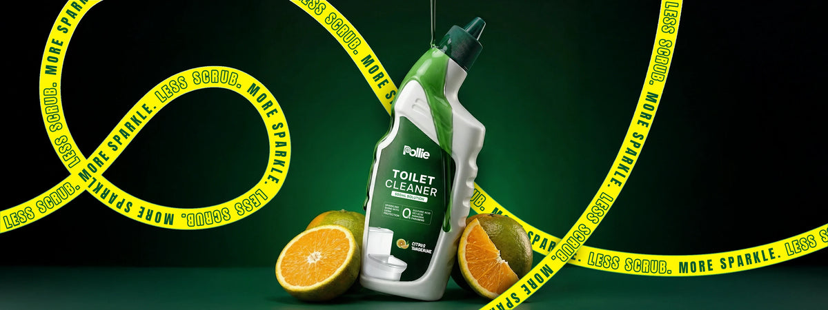 Pollie Toilet Cleaner 500ml bottle with citrus tangerine fragrance, organic acid-based toilet cleaning solution safe on tiles and ceramic surfaces
