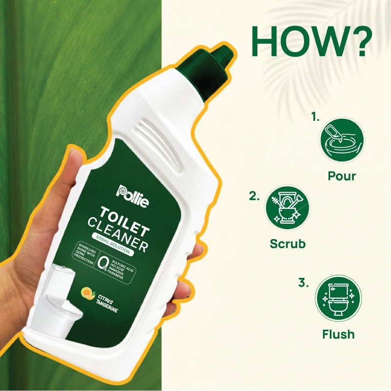 Pollie Toilet Cleaner 500ml bottle with citrus tangerine fragrance, organic acid-based toilet cleaning solution safe on tiles and ceramic surfaces