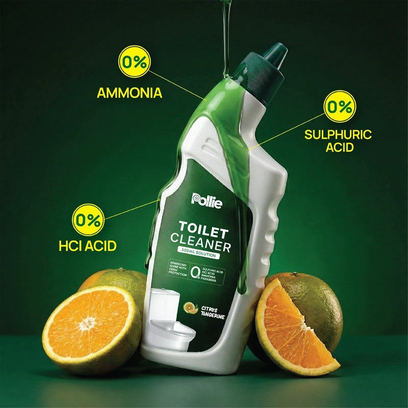Pollie Toilet Cleaner 500ml bottle with citrus tangerine fragrance, organic acid-based toilet cleaning solution safe on tiles and ceramic surfaces