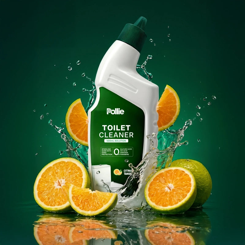 Pollie Toilet Cleaner 500ml bottle with citrus tangerine fragrance, organic acid-based toilet cleaning solution safe on tiles and ceramic surfaces