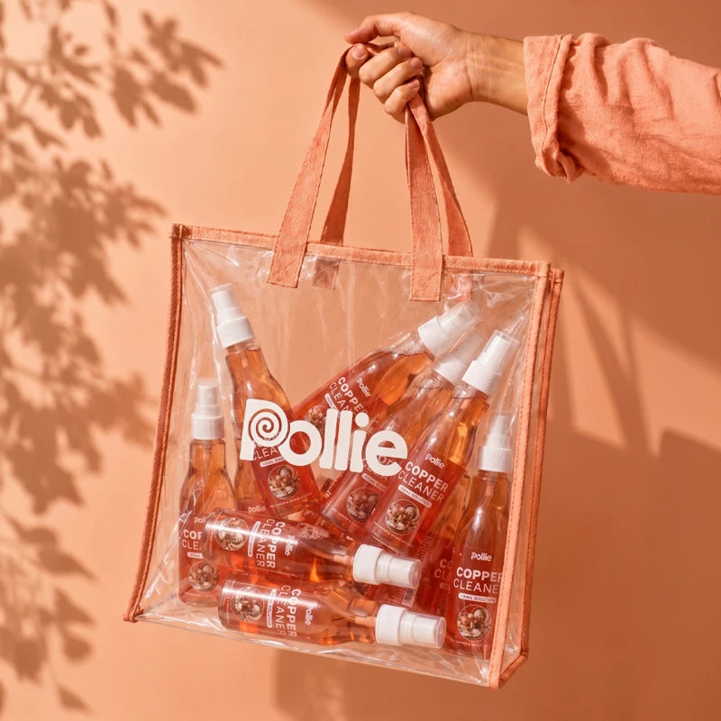 Pollie Copper Cleaner bottles for copper and brass utensils, tarnish removal and shine restoration.