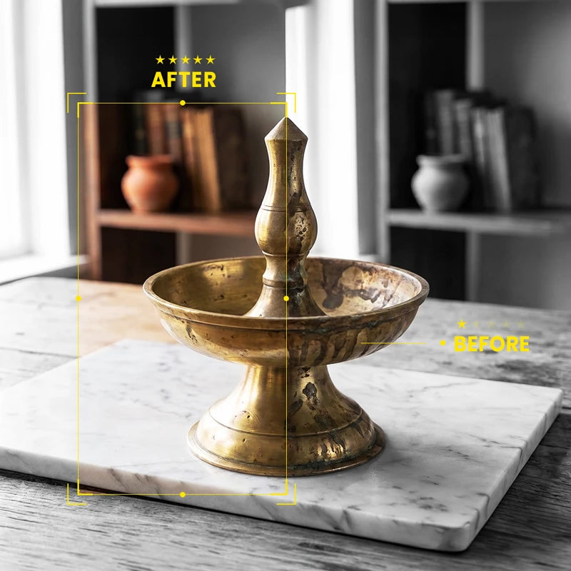 Pollie Copper Cleaner before and after on brass pooja item, removing tarnish and restoring shine.