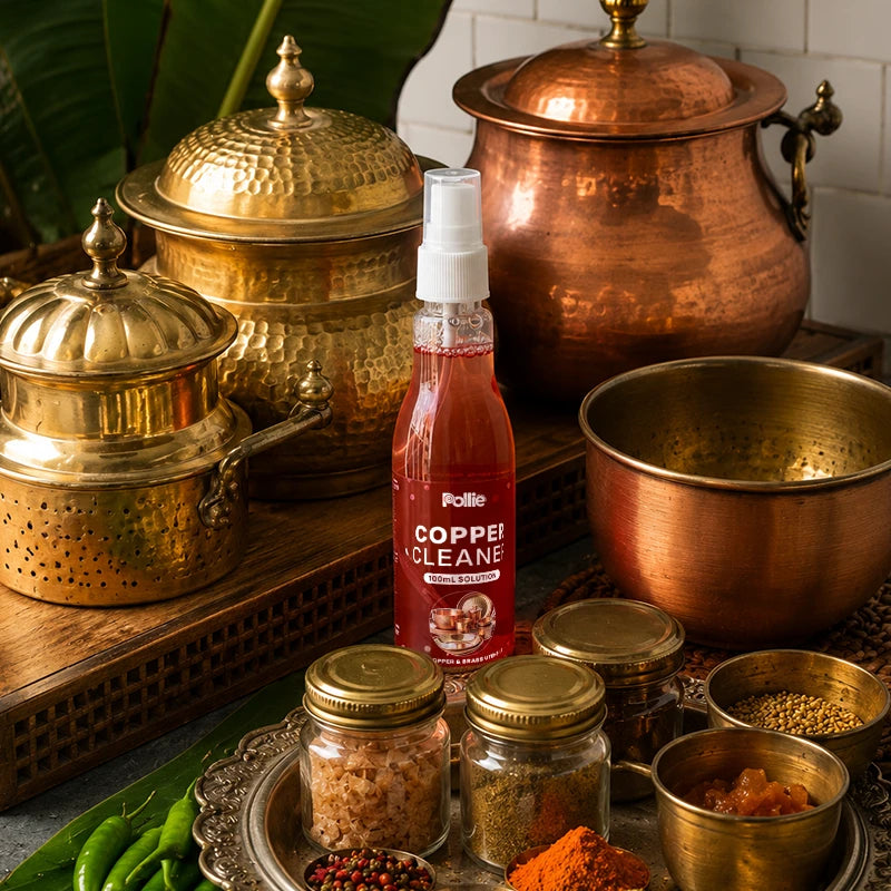 Pollie Copper Cleaner for copper and brass utensils, pooja items and kitchenware with tarnish and oxidation removal.