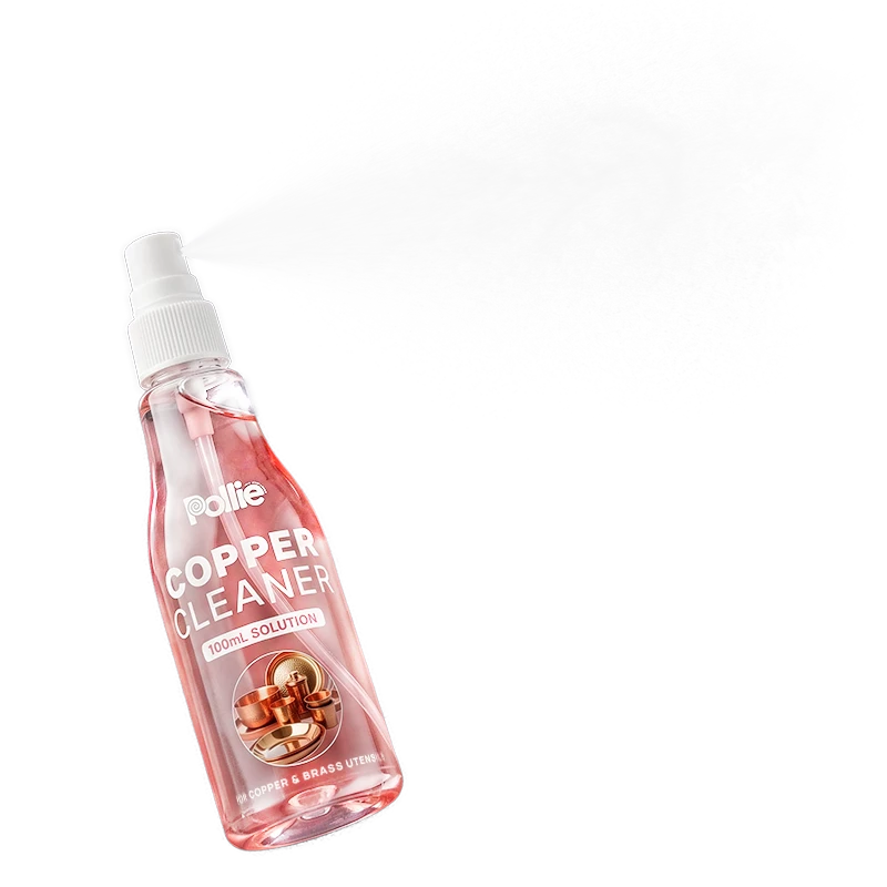 Pollie Copper Cleaner 100mL spray bottle for copper and brass utensils, removes tarnish and restores shine.